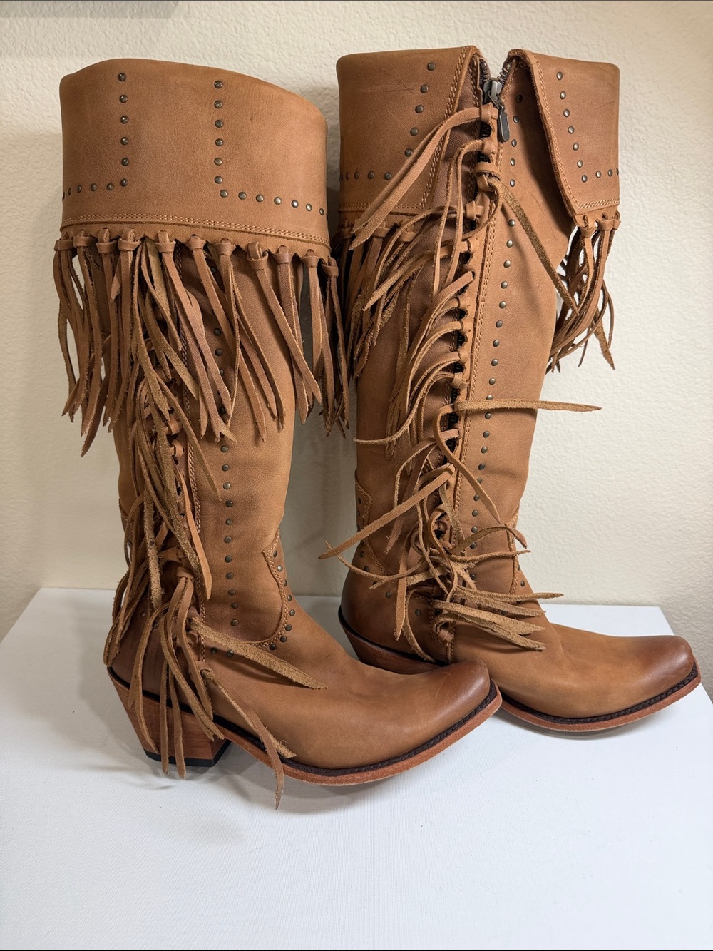 LIBERTY Black Tan Fringe Knee Leather Boots - Picture 4 of 14